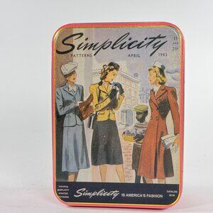 Vintage Simplicity Patterns Reproduction Tin Box Pink Gold Metal Storage Case